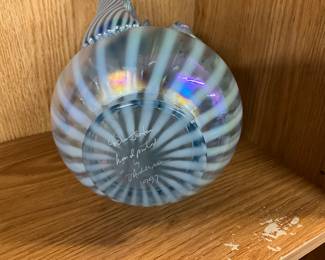 Signed Fenton "Iris on Misty Blue" Iridescent Pitcher / Vase 1997