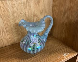 Signed Fenton "Iris on Misty Blue" Iridescent Pitcher / Vase 1997