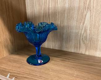 Fenton Colonial Blue Thumbprint Ruffled Compote