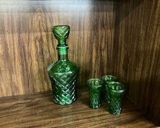 1970's Japan Norleans Emerald Green Diamond Cut Decanter & Shot Glasses
