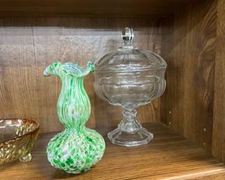 Hand Blown Textured Green Art Glass Vase - Clear Glass Pedestal Candy Jar