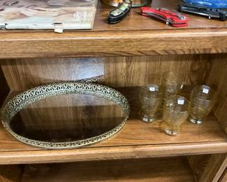 Gold Filigree Oval Vanity Mirror - Federal Glass Amber Juice Glasses