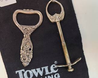 silver plated bottle opener, tongs