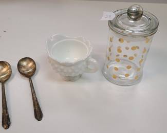 vintage Fenton creamer, silverware