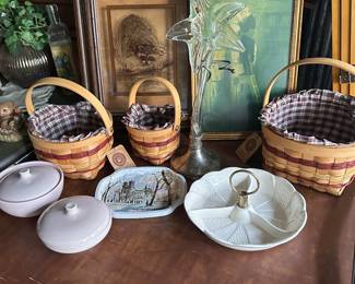 Russell Wright Iroquois Pink dishes, snack tray, Boyd's nesting baskets