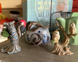 Jim Shore woodpecker, Ken Edwards mini pitcher, owl figurine
