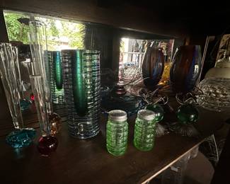 Art Glass, Uranium glass shakers, MCM green lucite candlestick holders, paperweight vases, Badash vase, fairy lamp.