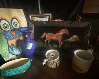 Velvet horse painting, Royal Haeger vase with tags
