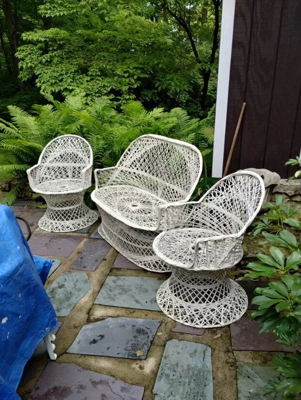 Wicker look made with fiberglass stripping...Super strong, super light,, comfortable too