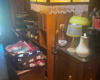 tall floor pamp with leaded glass and beaded shade