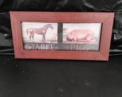 Picture Framed, Wood, Stable Horse & Pigs.