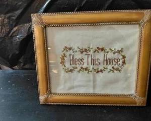 Beautiful Vintage Framed Needle Point "Bless This House".