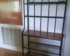 Baker's Rack 5 Teir with middle wood shelf, black Metal Frame 35.5" L x15.5" W x72" H Excellent Condition