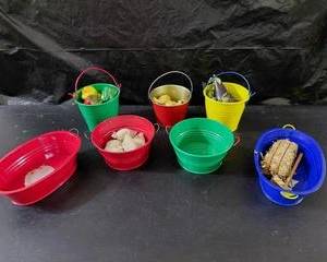 Toy Veggies, Flour & Sugar Bags, & Hay Bale w/rack, in Colorful Tins and container, all included.