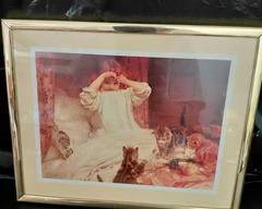 Picture Frame, Gold Color, Apricot Matted Picture, Innocent Child, Kittens in bed at nighttime.