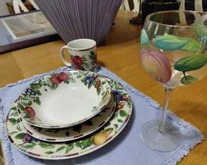 Vintage Oneida Sakura Sonoma Excell Dishes, 8-place setting. 8 each plates & salad/dessert plates, 8 cups, 8 bowls, microwave & dishwasher safe. Very beautiful. Wine glasses not included.