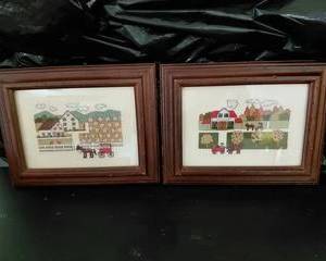 Picture Frames, (2) Wood 5x7 Needle Point Pictures, Country Setting.