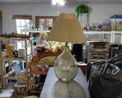 Vintage lamp, balloon style glass bulb with neutral color pleated shade.