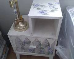 Nicely painted white side table with morning glory flowers and picket fence, shows some chipping of paint. Matches lot #17