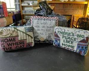 Decorative Pillows (3) reading "Home is Where the Cat Is", "I wish I was as sweet as my cat thinks I am", "There's No Place Like Home".