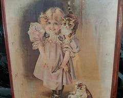 Decoupage Art, Little Blue-Eyed Girl & Kittens.