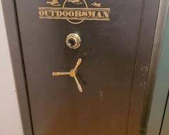 Large Outdoorsman gun safe with dial lock, Black, Fireproof and Waterproof according to manufacturer, a few scratches on front very clean otherwise, very clean inside. Ammo Boxes or other content not inside is not included. 36"W x 22"L x 60"H
