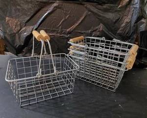 Nice wire baskets with wood handles, 4 total, no rust, good condition, great for displays, gathering eggs, or many other uses.