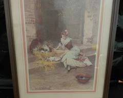 Picture Frame, Wood, Matted, 11 1/2 x 14 1/2, 18th Century Dressed Working Women Feeding Kittens.