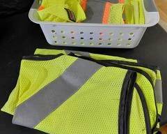 Neon Yellow with reflective stripes, work or hunting vest. Large size, 3 total. Container not included.