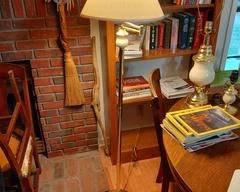 Lamp, Vintage Gold and Cream Ceramic Floor Lamp, 5' H Nice shade, good condition. Matches lot # 149 & 150.