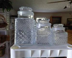 Vintage Cut Glass Canister set of 3, nice fitting lids, no chips, good condition.