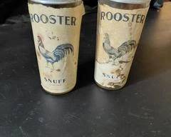 Vintage Rooster Brand Snuff Jars with lids. Label mostly intact, faded but over all good condition. Rooster was a United States Tobacco Co. Nashville, TN.