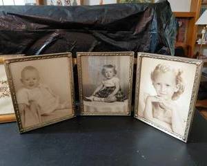Vintage gold tinted trifold hinged picture frame, 8x10, scalloped design, felt on back, great condition.