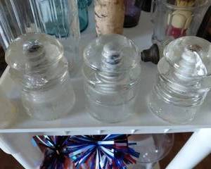 Antique/Vintage Pyrex Glass Conductors or Insulators, Made in U.S.A. Pat. APPD. For. Pyrex, T.M. Rec. U.S. OFF. One has a chip; others are with no defects.