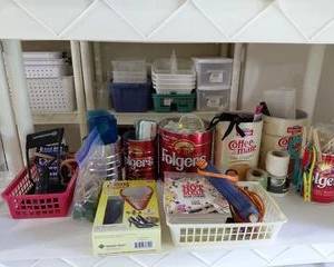 Misc. Sewing items, several cans filled with needles, straight-pins, thread, elastic, buttons, scissors, etc.