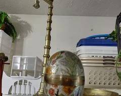Oriental Style Brass Egg on Stand, Matching Brass Bowl, Brass Tower with spinning Tiger, 60's era, good condition, however, some peeling in the bowl.