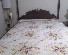 Dark Cherry Wood Queen size bed with headboard, frame, and mattress/boxspring, very clean, good condition. Bed covers not included.