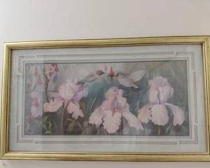 Gold Framed Hummingbird print, nice pastel colors.