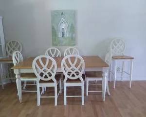 Rustic Farmhouse Table with 6-chairs and 2-bar stools. Very well built in great condition. Made in Malaysia. 72"L x 42"W Painting not included. White Corner Cabinet is also for sale, lot #5