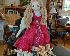 Handmade Doll and Animals, Such a Sweet Doll, handmade in a beautiful long red dress with 8 attachable animals 4-rabbits, 2-bears, a cat, and a pig. a darling gift or a vintage collectible.