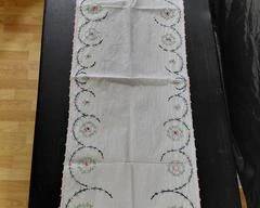 Antique Table Runner, Embroidery Floral Design, beautifully stitched, pink border, blue, pink, green & black colors.