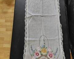 Antique Table Runner, Crochet Border & Embroidery Floral Design, beautiful pattern, baskets on each end with pink, white, and golden colored flowers. No wear showing.