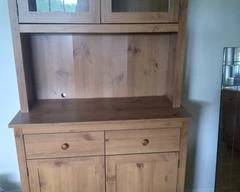 Dining room Hutch, Kitchen Cabinet, Display Cabinet or any other use. Glass doors on top, 2-drawer with storage on bottom. Very good condition, very heavy and very well built; made of Knotted Pine. Lot#11 matches this table.