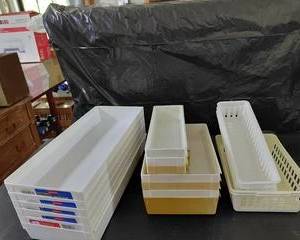 6 all white solid plastic large drawer organizers with connector sides, 4 white and beige smaller sizes, 3-silverware size, and small basket plastic type with 3-basket silverware type. All included.