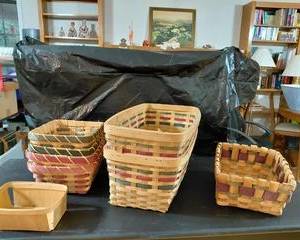 Basket Galore, (8) all different sizes woven with red and green, great for displays or veggies & fruit