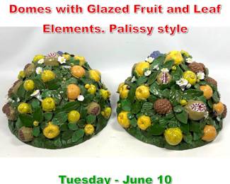 Lot 629 Pair Italian Terracotta Domes with Glazed Fruit and Leaf Elements. Palissy style