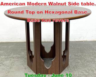 Lot 437 HARVEY PROBBER Style American Modern Walnut Side table. Round Top on Hexagonal Base. Base has revers