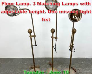 Lot 444 3 Brass Industrial style Floor Lamp. 3 Matching Lamps with adjustable height. One missing light fixt