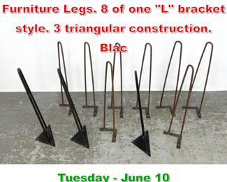 Lot 752 11pc 22inch Iron Hairpin Furniture Legs. 8 of one L bracket style. 3 triangular construction. Blac