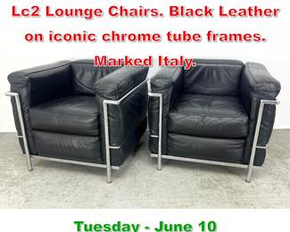 Lot 773 Pr Le Corbusier Chrome Lc2 Lounge Chairs. Black Leather on iconic chrome tube frames. Marked Italy.